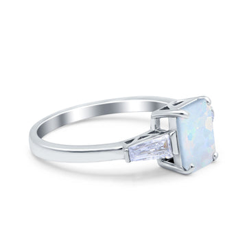Art Deco Wedding Ring Emerald Cut Lab Created White Opal 925 Sterling Silver